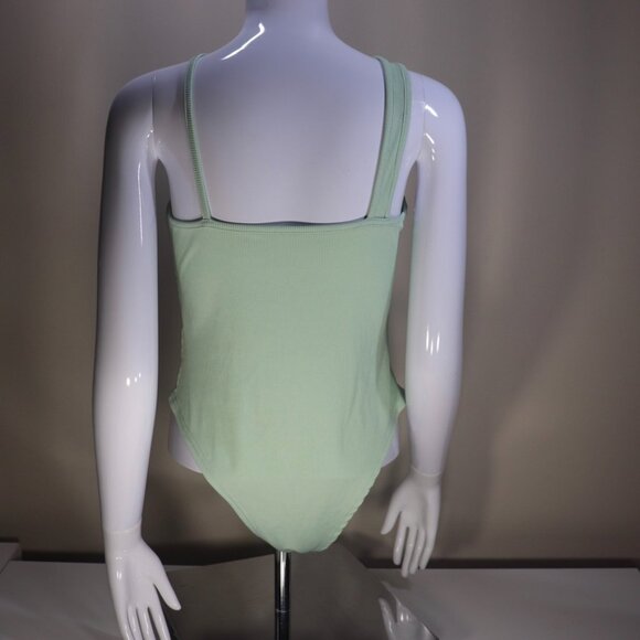 Shein Pastel Mint Vertical Ribbed Asymmetrical Neck Strappy Bodysuit, Large - Picture 3 of 10